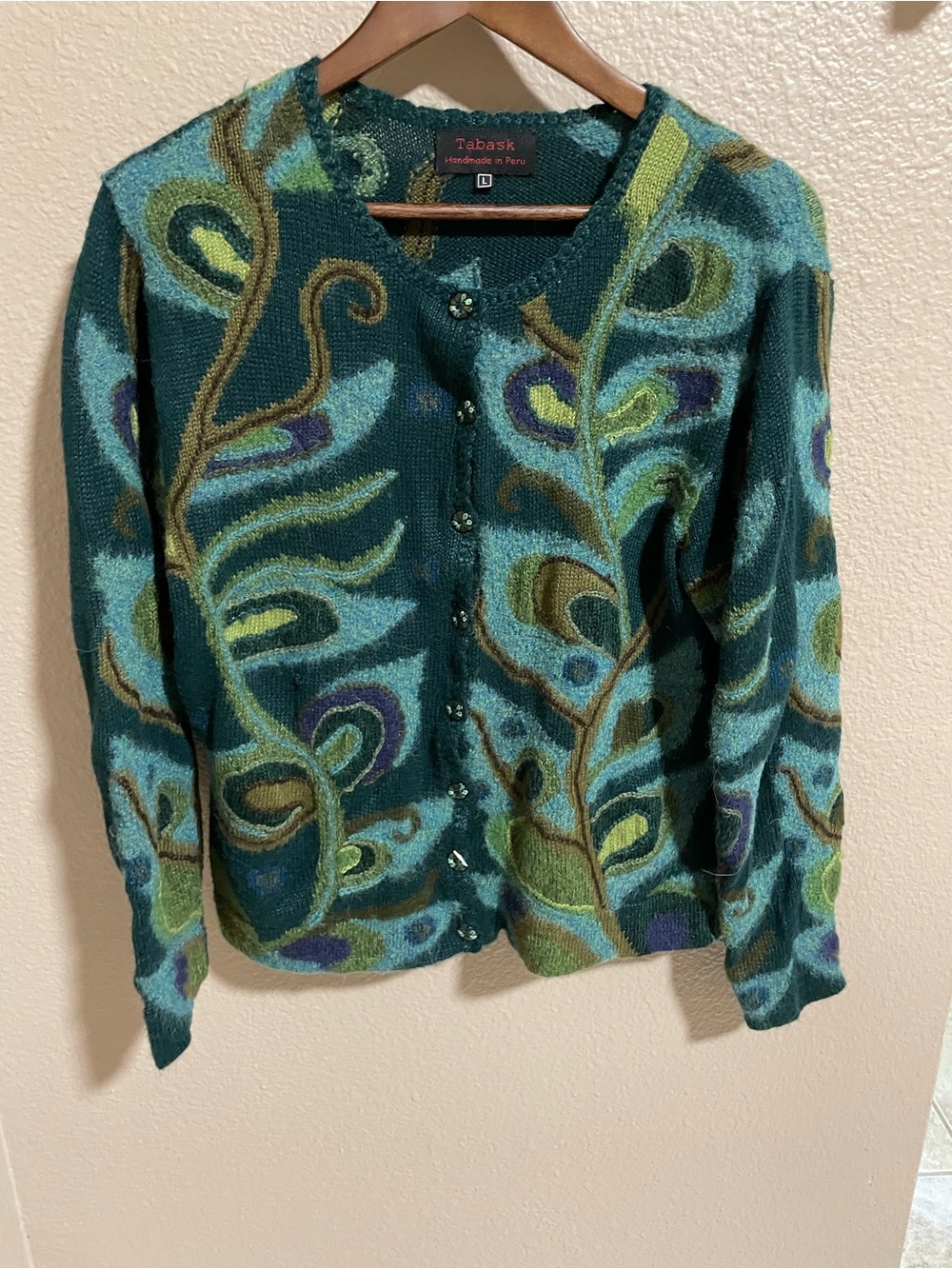 Tabask alpaca wool blend Teal, Green & Purple Peacock-Motif Women's Cardigan